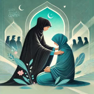 A heartfelt and culturally resonant illustration depicting the concept of 'fulfilling the needs of a believer'. A woman wearing a traditional black he