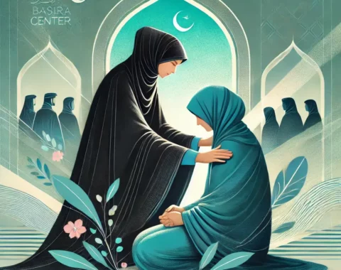 A heartfelt and culturally resonant illustration depicting the concept of 'fulfilling the needs of a believer'. A woman wearing a traditional black he