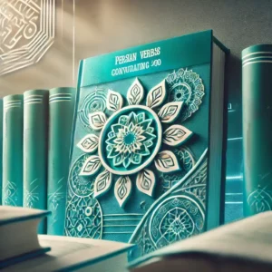 Persian Verbs Table صورة رئيسية لدليل تصريف الأفعال الفارسية، بتصميم سينمائي وفانتازي يغلب عليه اللون الفيروزي الزاهي. الخلفية تحتوي على زخارف فارسية تقليدية بشكل خافت، مما يضفي جواً تعليمياً وملهماً مناسباً لمركز علمي إسلامي.
