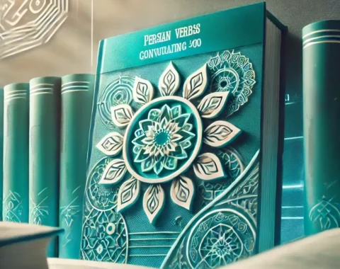 صورة رئيسية لدليل تصريف الأفعال الفارسية، بتصميم سينمائي وفانتازي يغلب عليه اللون الفيروزي الزاهي. الخلفية تحتوي على زخارف فارسية تقليدية بشكل خافت، مما يضفي جواً تعليمياً وملهماً مناسباً لمركز علمي إسلامي.