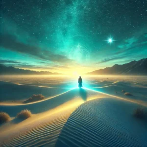 Spiritual مشهد خيالي سينمائي لصحراء هادئة عند الغسق، يظهر فيه شخص يقف على قمة كثيب رملي. السماء مضيئة بألوان الفيروز الساطع مع تدرجات الأزرق العميق والذهبي الناعم، ما يضفي جوًا من السكينة والتأمل الروحي. يحيط بالشخص هالة خافتة ترمز إلى النقاء والهداية. المشهد الواسع يظهر جبالًا بعيدة ونجومًا بدأت بالظهور في السماء، ليعكس الغاية الإلهية والدعوة إلى الحق.