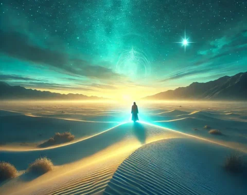 Spiritual مشهد خيالي سينمائي لصحراء هادئة عند الغسق، يظهر فيه شخص يقف على قمة كثيب رملي. السماء مضيئة بألوان الفيروز الساطع مع تدرجات الأزرق العميق والذهبي الناعم، ما يضفي جوًا من السكينة والتأمل الروحي. يحيط بالشخص هالة خافتة ترمز إلى النقاء والهداية. المشهد الواسع يظهر جبالًا بعيدة ونجومًا بدأت بالظهور في السماء، ليعكس الغاية الإلهية والدعوة إلى الحق.