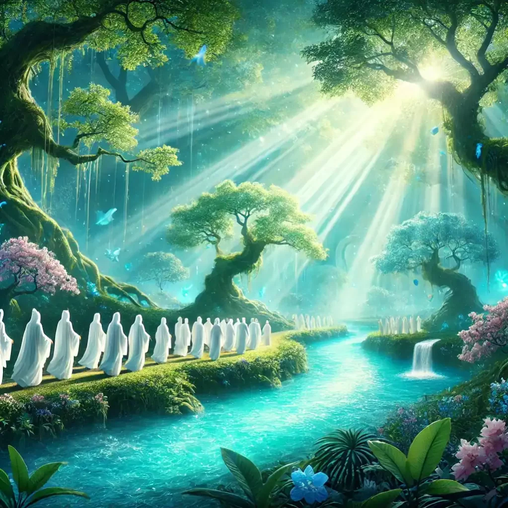 صورة بأسلوب سينمائي وخيالي تمثل الجنة، تحتوي على حدائق خضراء غنّاء وأنهار صافية متدفقة. تظهر شخصيات ترتدي ملابس بيضاء تمشي بهدوء بين الأشجار المزهرة والأزهار المتنوعة، بينما يتدفق ضوء مشرق من السماء. تبرز لمسات من اللون الفيروزي البراق، مما يبعث على الإحساس بالنقاء والسلام والأبدية. الأجواء العامة مضيئة وساحرة، ترمز إلى السعادة والطمأنينة الأبدية.