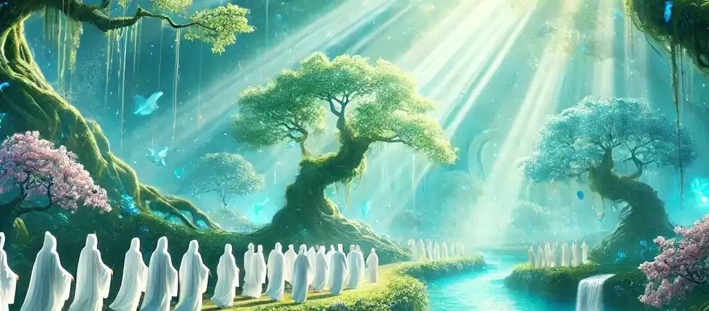 صورة بأسلوب سينمائي وخيالي تمثل الجنة، تحتوي على حدائق خضراء غنّاء وأنهار صافية متدفقة. تظهر شخصيات ترتدي ملابس بيضاء تمشي بهدوء بين الأشجار المزهرة والأزهار المتنوعة، بينما يتدفق ضوء مشرق من السماء. تبرز لمسات من اللون الفيروزي البراق، مما يبعث على الإحساس بالنقاء والسلام والأبدية. الأجواء العامة مضيئة وساحرة، ترمز إلى السعادة والطمأنينة الأبدية.