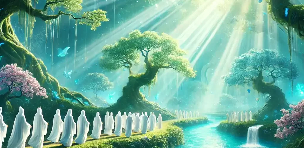 صورة بأسلوب سينمائي وخيالي تمثل الجنة، تحتوي على حدائق خضراء غنّاء وأنهار صافية متدفقة. تظهر شخصيات ترتدي ملابس بيضاء تمشي بهدوء بين الأشجار المزهرة والأزهار المتنوعة، بينما يتدفق ضوء مشرق من السماء. تبرز لمسات من اللون الفيروزي البراق، مما يبعث على الإحساس بالنقاء والسلام والأبدية. الأجواء العامة مضيئة وساحرة، ترمز إلى السعادة والطمأنينة الأبدية.