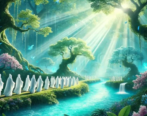 صورة بأسلوب سينمائي وخيالي تمثل الجنة، تحتوي على حدائق خضراء غنّاء وأنهار صافية متدفقة. تظهر شخصيات ترتدي ملابس بيضاء تمشي بهدوء بين الأشجار المزهرة والأزهار المتنوعة، بينما يتدفق ضوء مشرق من السماء. تبرز لمسات من اللون الفيروزي البراق، مما يبعث على الإحساس بالنقاء والسلام والأبدية. الأجواء العامة مضيئة وساحرة، ترمز إلى السعادة والطمأنينة الأبدية.