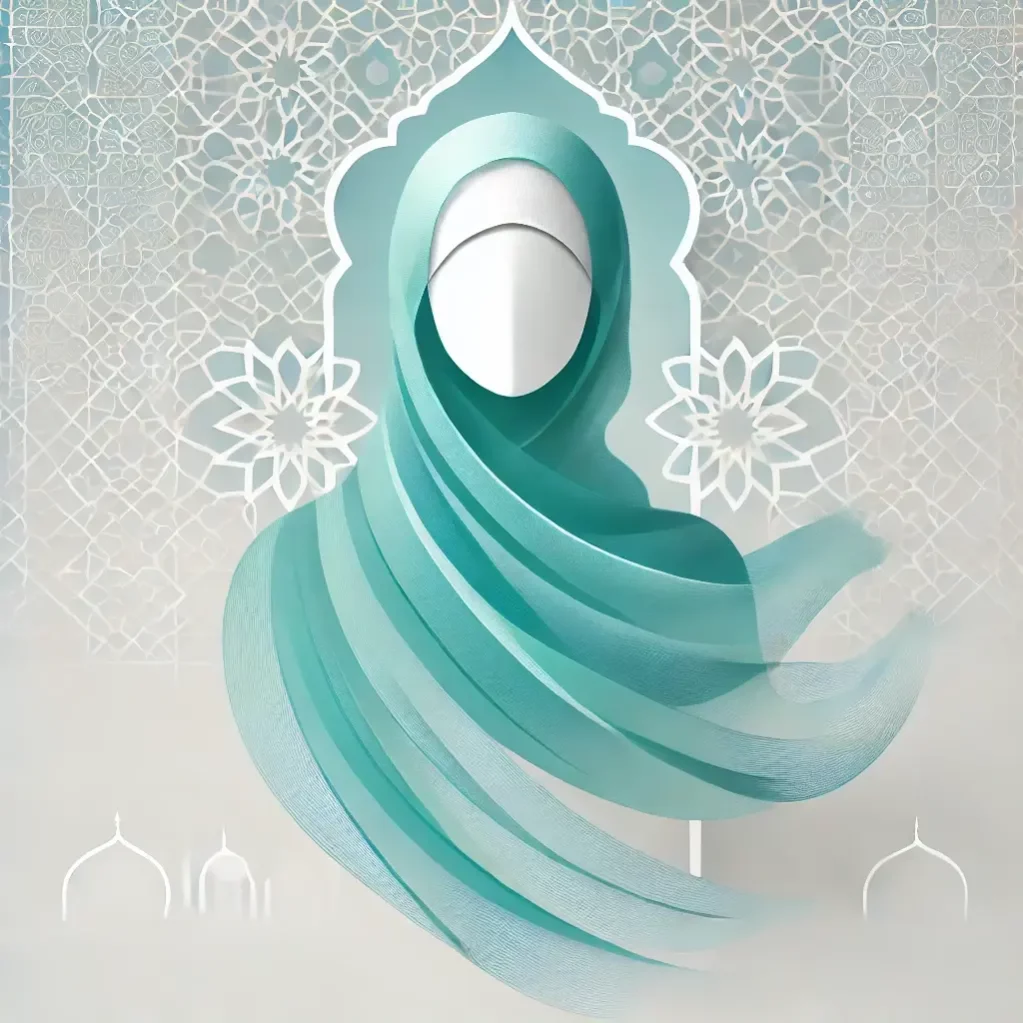 امرأة مسلمة ترتدي حجابًا أنيقًا باللون الفيروزي، تعبيرًا عن الكرامة والروحانية، في خلفية ذات ألوان فيروزية وبيضاء ناعمة، مع أنماط إسلامية هندسية مجردة، مما يضفي جوًا من السكينة والاحترام.