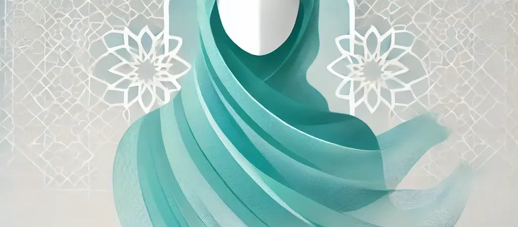 امرأة مسلمة ترتدي حجابًا أنيقًا باللون الفيروزي، تعبيرًا عن الكرامة والروحانية، في خلفية ذات ألوان فيروزية وبيضاء ناعمة، مع أنماط إسلامية هندسية مجردة، مما يضفي جوًا من السكينة والاحترام.