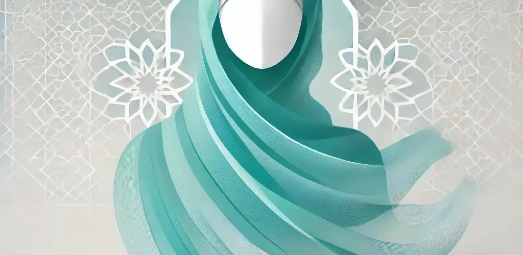 امرأة مسلمة ترتدي حجابًا أنيقًا باللون الفيروزي، تعبيرًا عن الكرامة والروحانية، في خلفية ذات ألوان فيروزية وبيضاء ناعمة، مع أنماط إسلامية هندسية مجردة، مما يضفي جوًا من السكينة والاحترام.