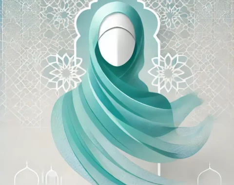امرأة مسلمة ترتدي حجابًا أنيقًا باللون الفيروزي، تعبيرًا عن الكرامة والروحانية، في خلفية ذات ألوان فيروزية وبيضاء ناعمة، مع أنماط إسلامية هندسية مجردة، مما يضفي جوًا من السكينة والاحترام.
