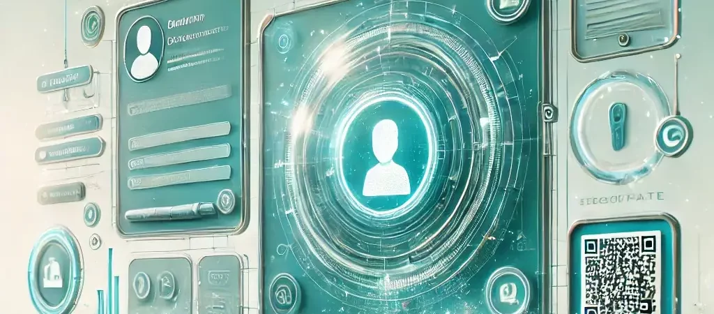 صورة سينمائية بأسلوب فانتازي تمثل منصة تعليمية حديثة، تحتوي على عناصر تجريدية لواجهات حسابات شخصية وشهادات تتضمن رمز QR، بألوان التركواز الزاهية. الخلفية مشرقة وذات تصميم بسيط وأثيري، مما يبرز مفهوم التحول الرقمي وأسلوبًا احترافيًا ونظيفًا.