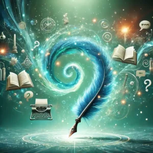 مقال حول وسيلة الجذب صورة سينمائية تجسد تدفق الأفكار والمعرفة باستخدام دوامة ضوء تركوازية نابعة من قلم، مع رموز تشير إلى التفاعل الفكري