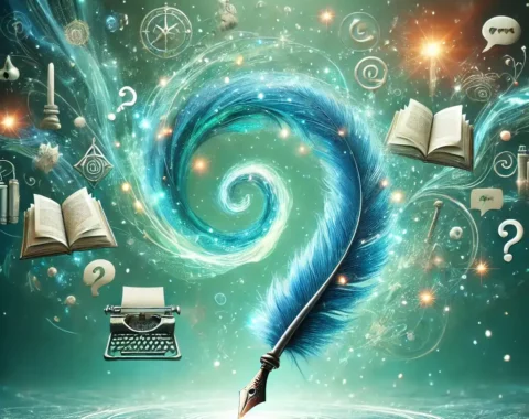 صورة سينمائية تجسد تدفق الأفكار والمعرفة باستخدام دوامة ضوء تركوازية نابعة من قلم، مع رموز تشير إلى التفاعل الفكري